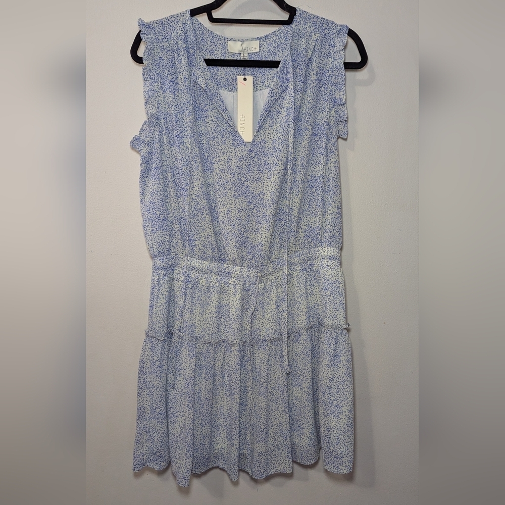 Pinch Floral Dress White + Blue Ruffle Tiered Lined New with Tags Women's Size L